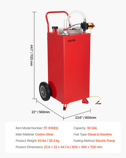 VEVOR 30 Gallon Fuel Caddy Gasoline & Diesel Fuel Tank with Manual Pump Red