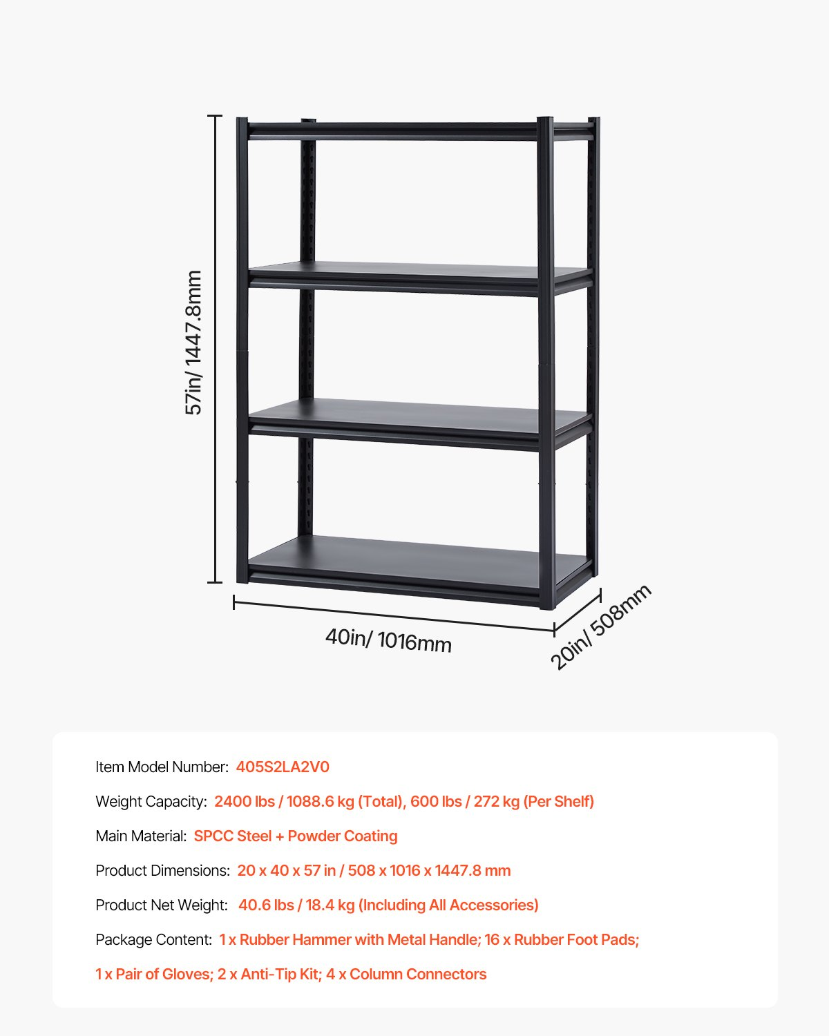 VEVOR Storage Shelves 20" D x 40" W x 57" H 4-tier Garage Storage Shelving