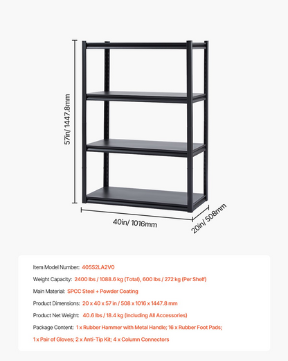 VEVOR Storage Shelves 20" D x 40" W x 57" H 4-tier Garage Storage Shelving