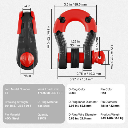 VEVOR 2 Pack 19 mm D Ring Shackle with 22.2 mm Screw Pin 30 Ton Break Strength