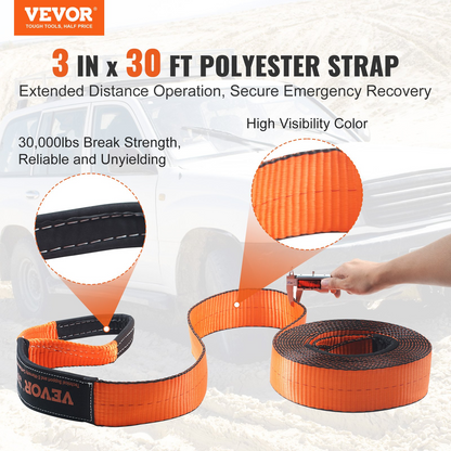 VEVOR Off-Road Recovery Kit, 7.6 x 914.4 cm, Heavy Duty Winch Recovery Kit with 13,608 kg Capacity Polyester Tow Strap, 20,000 kg D-Ring Shackles, Storage Bag, for ATVs, Jeeps, Off-Road Vehicles, Trucks