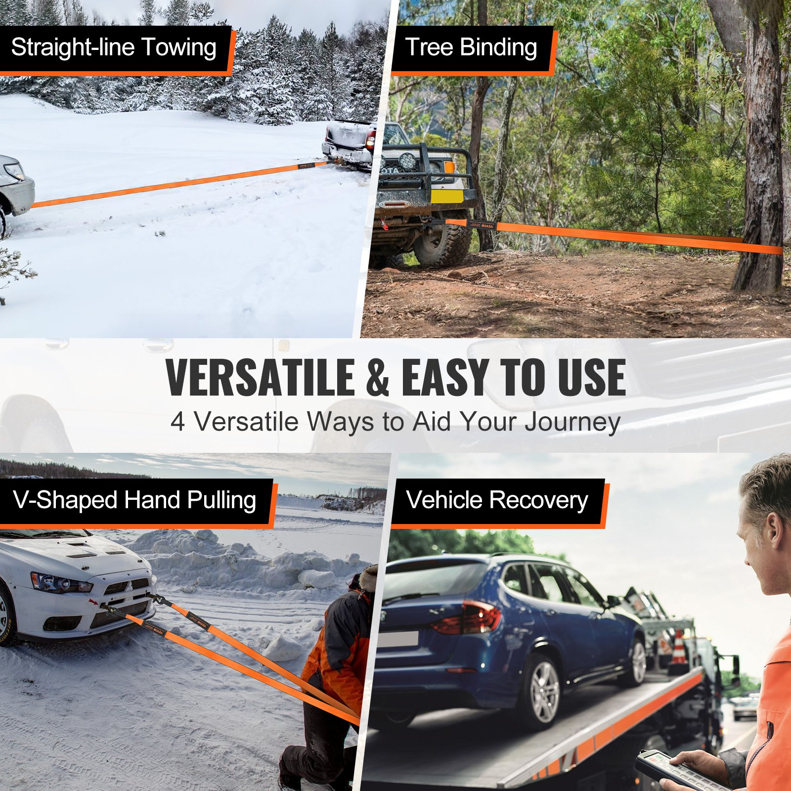 VEVOR Off-Road Recovery Kit, 7.6 x 914.4 cm, Heavy Duty Winch Recovery Kit with 13,608 kg Capacity Polyester Tow Strap, 20,000 kg D-Ring Shackles, Storage Bag, for ATVs, Jeeps, Off-Road Vehicles, Trucks