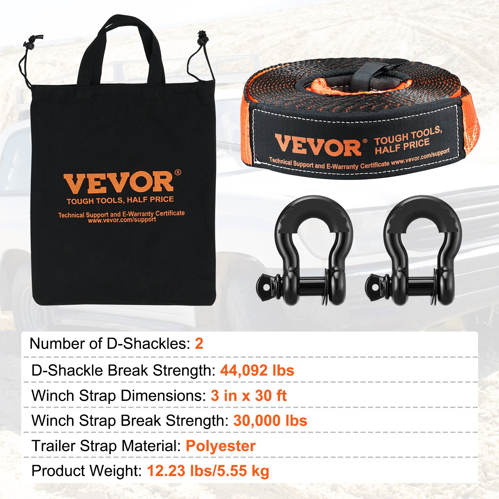 VEVOR Off-Road Recovery Kit, 7.6 x 914.4 cm, Heavy Duty Winch Recovery Kit with 13,608 kg Capacity Polyester Tow Strap, 20,000 kg D-Ring Shackles, Storage Bag, for ATVs, Jeeps, Off-Road Vehicles, Trucks