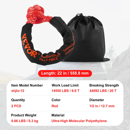 VEVOR Soft Shackle Synthetic Recovery Rope 2PCS 1.3x56 cm 20 Ton Break Strength