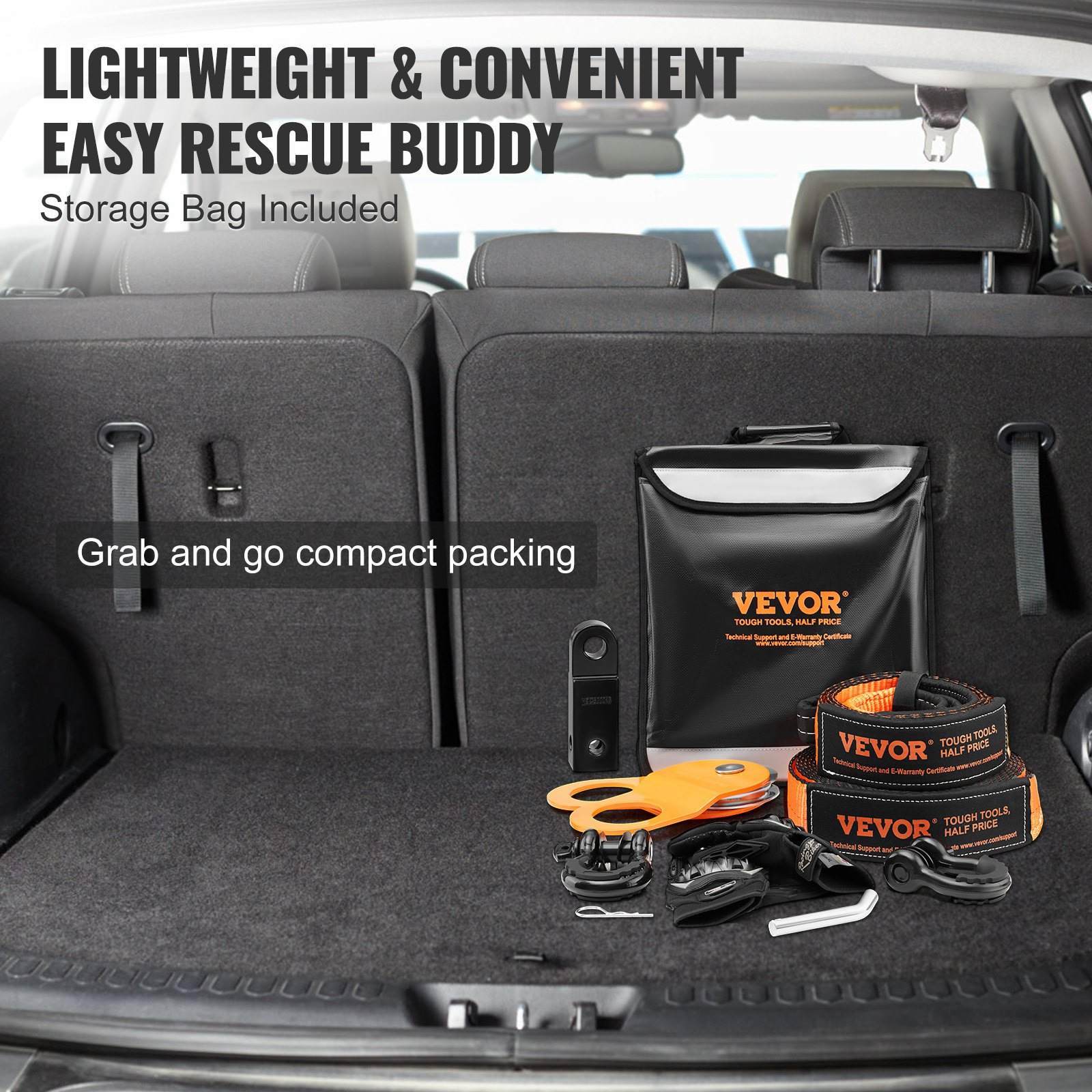 VEVOR Off-Road Recovery Kit, 7.6 x 914.4 cm, Heavy Duty Winch Recovery Kit with 13,608 kg Tow Straps, 20,000 kg D-Ring Shackles, Shackle Receiver, Snatch Block Pulley, Gloves, Storage Bag for ATV Jeep Truck