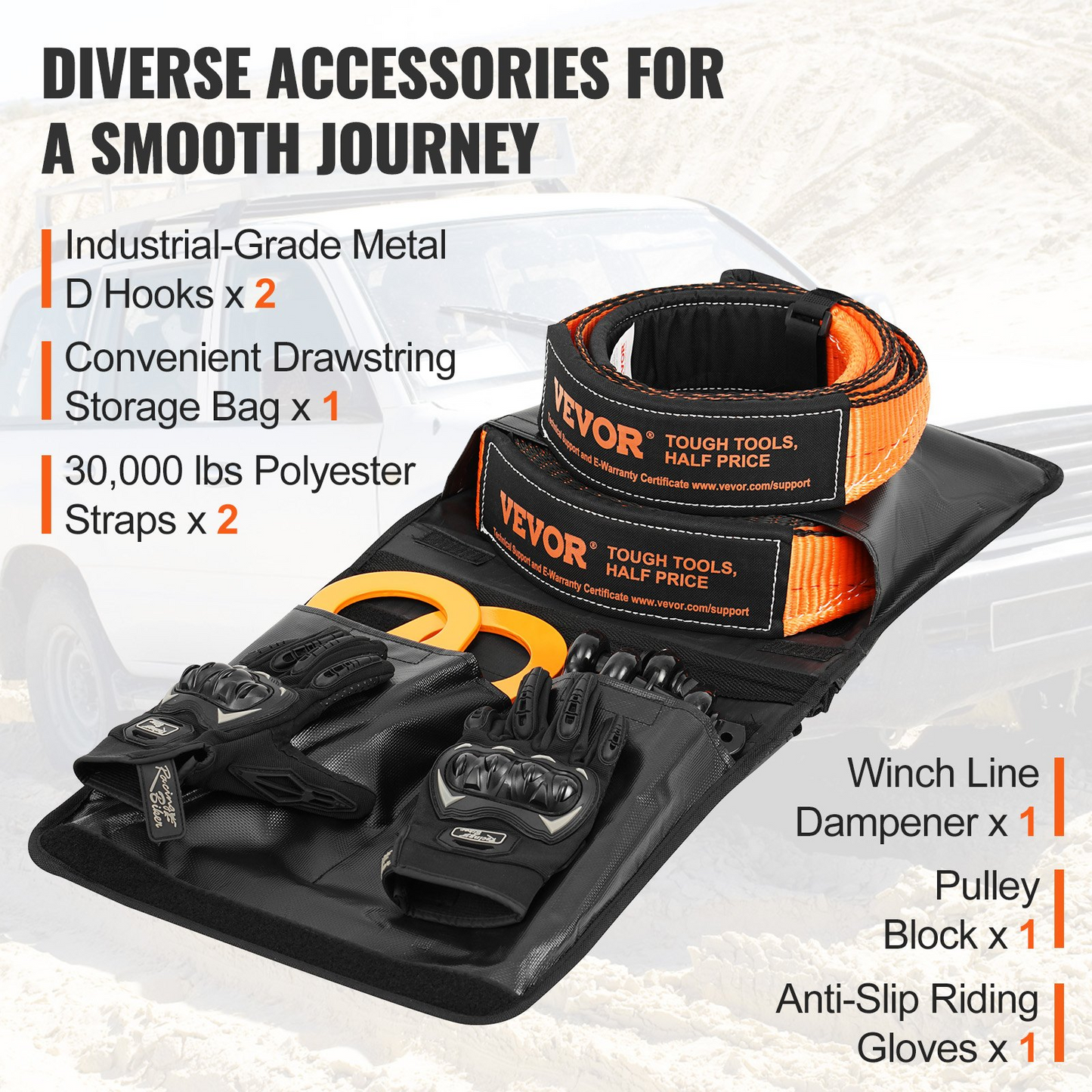 VEVOR Off-Road Recovery Kit, 7.6 x 914.4 cm, Heavy Duty Winch Recovery Kit with 13,608 kg Tow Straps, 20,000 kg D-Ring Shackles, Shackle Receiver, Snatch Block Pulley, Gloves, Storage Bag for ATV Jeep Truck