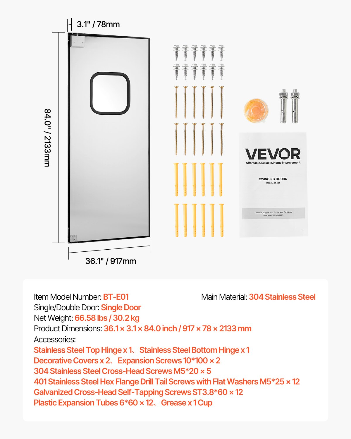 VEVOR Stainless Steel Traffic Swing Door Single Panel 91.4x213.4 cm Commercial