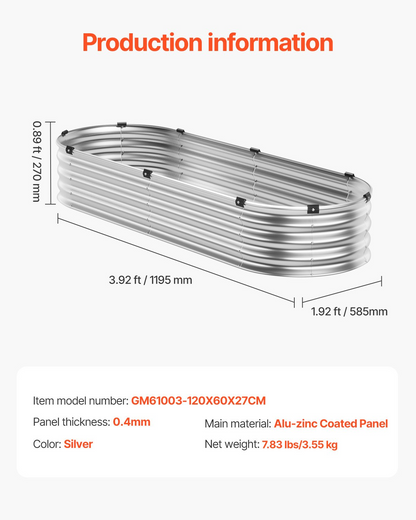 VEVOR Metal Raised Garden Bed 4x2x1 ft Outdoor Galvanized Planter Box Silver