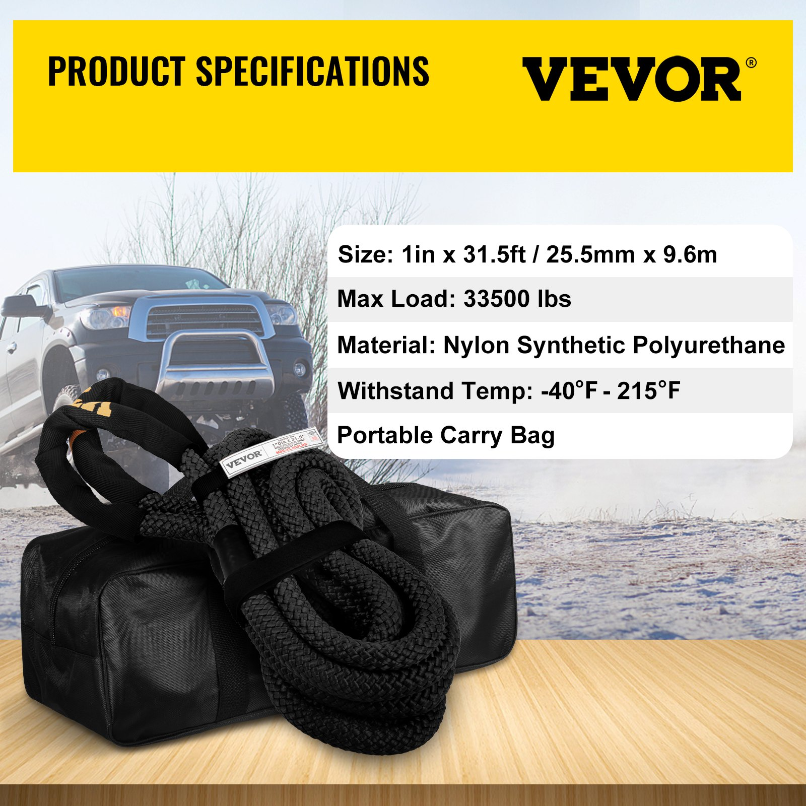 VEVOR Kinetic Energy Recovery Rope Tow Rope 1" x 31.5' 33500 LBS w/ Carry Bag