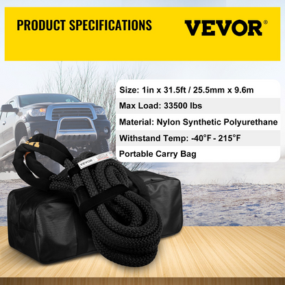 VEVOR Kinetic Energy Recovery Rope Tow Rope 1" x 31.5' 33500 LBS w/ Carry Bag
