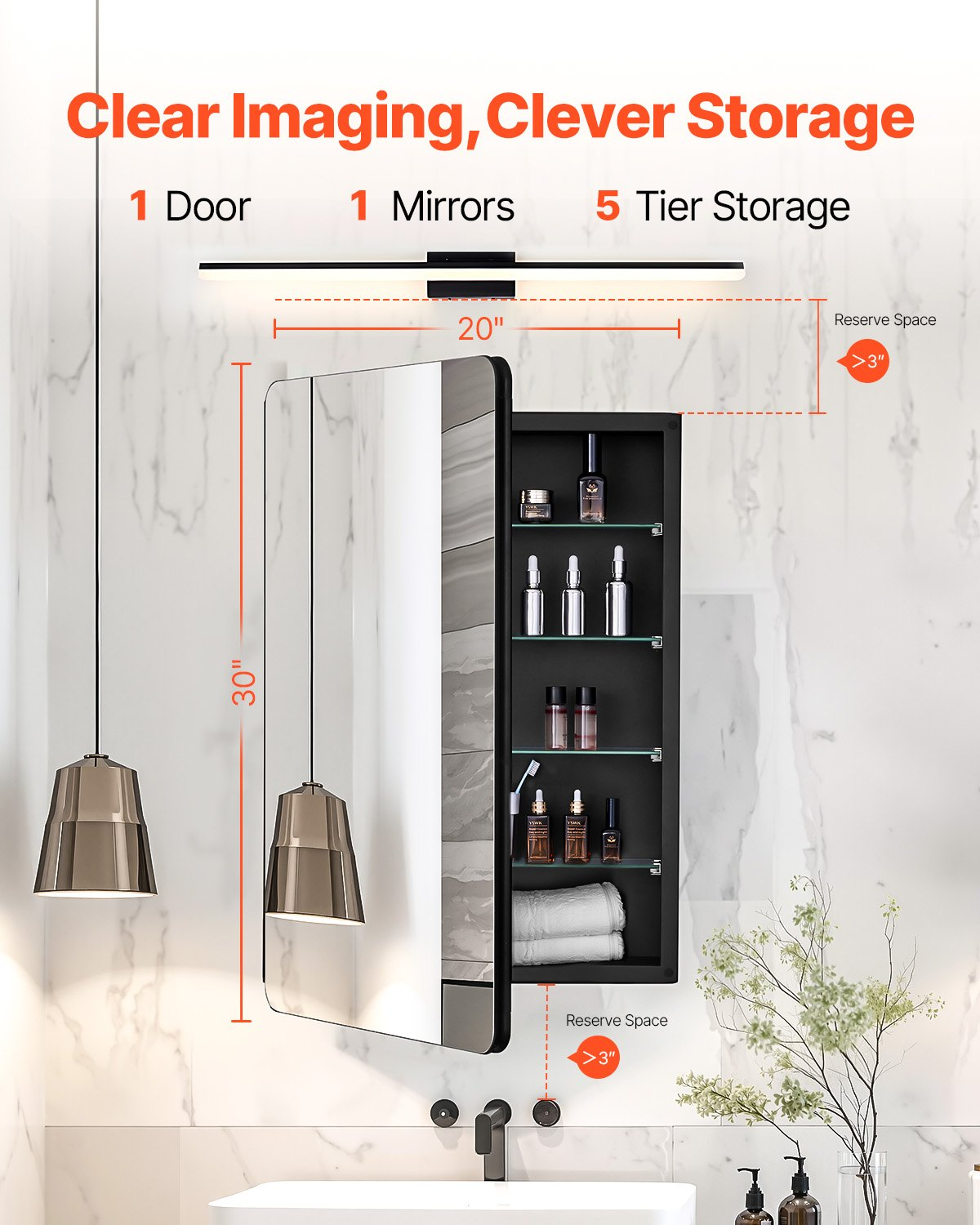VEVOR Medicine Cabinet 20" x 30" Mirror Medicine Cabinet Adjustable Shelves