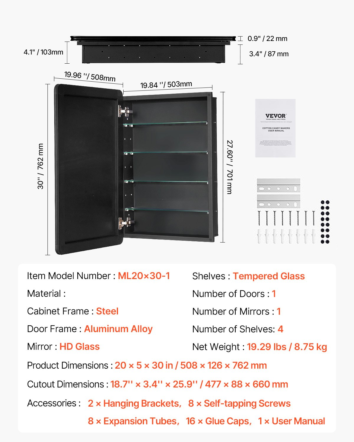 VEVOR Medicine Cabinet 20" x 30" Mirror Medicine Cabinet Adjustable Shelves
