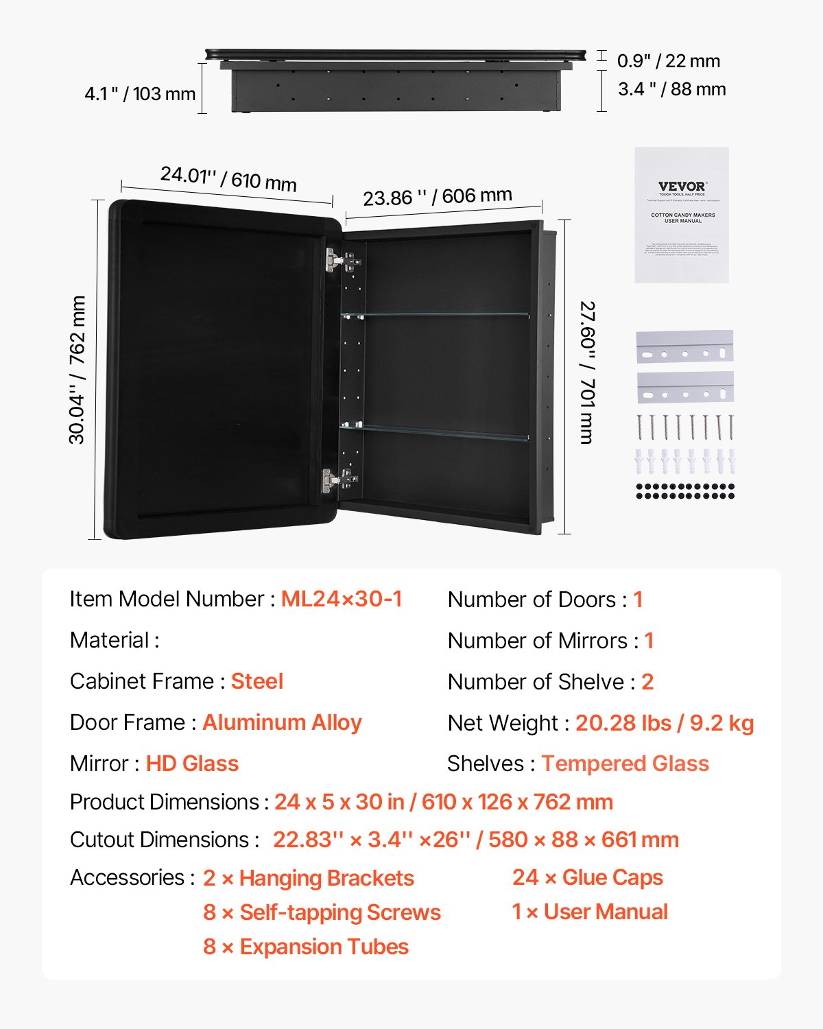 VEVOR Medicine Cabinet 24" x 30" Mirror Medicine Cabinet Adjustable Shelves