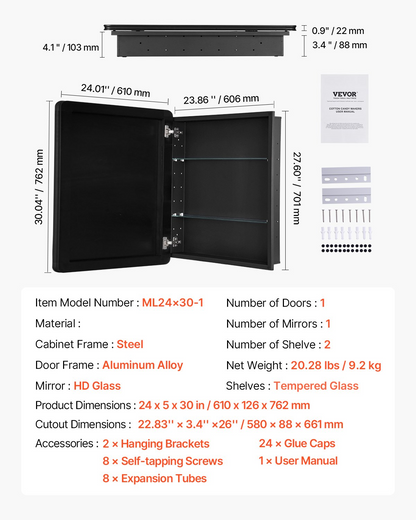 VEVOR Medicine Cabinet 24" x 30" Mirror Medicine Cabinet Adjustable Shelves