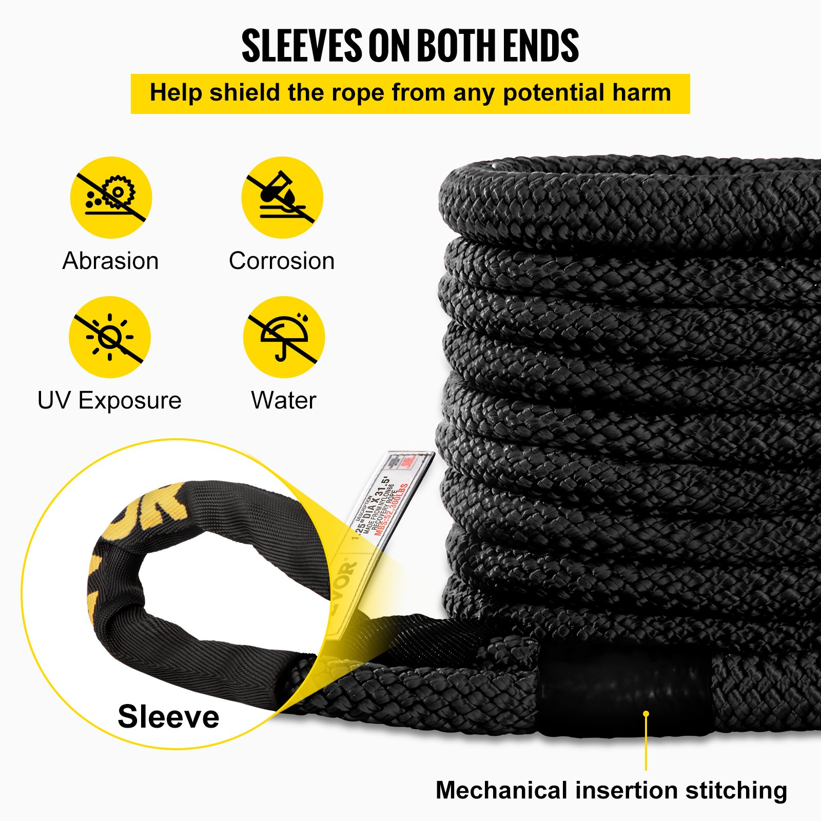 VEVOR 32 mm x 9.6 m Kinetic Recovery & Tow Rope, 23,723 kg, Heavy Duty Nylon Double Braided Kinetic Energy Rope, for Truck Off-Road Vehicle ATV UTV, Carry Bag Included, Black