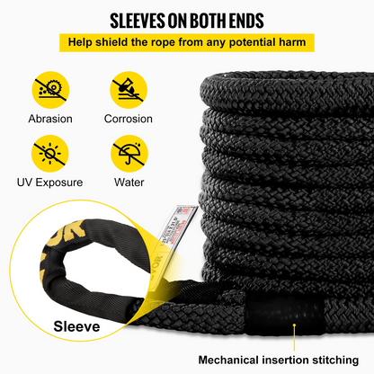VEVOR 32 mm x 9.6 m Kinetic Recovery & Tow Rope, 23,723 kg, Heavy Duty Nylon Double Braided Kinetic Energy Rope, for Truck Off-Road Vehicle ATV UTV, Carry Bag Included, Black