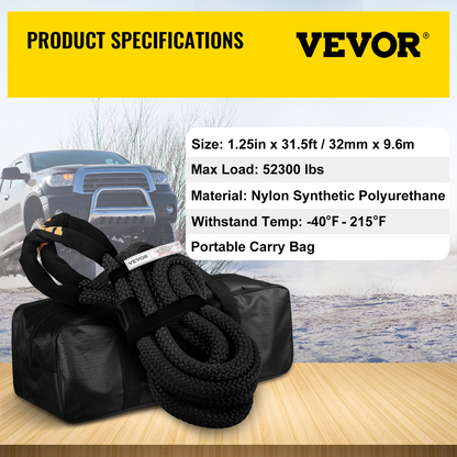 VEVOR 32 mm x 9.6 m Kinetic Recovery & Tow Rope, 23,723 kg, Heavy Duty Nylon Double Braided Kinetic Energy Rope, for Truck Off-Road Vehicle ATV UTV, Carry Bag Included, Black