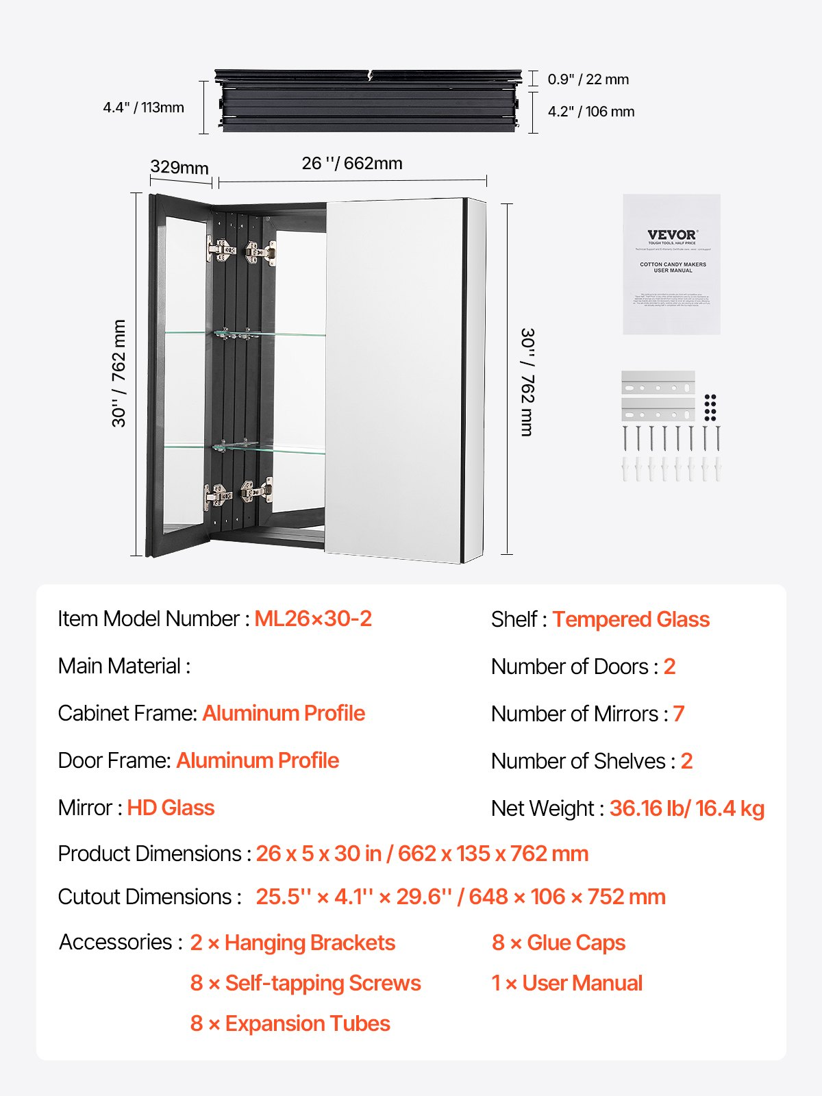 VEVOR Medicine Cabinet 26" x 30" Mirror Medicine Cabinet Adjustable Shelves