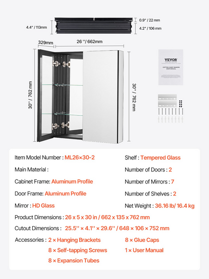 VEVOR Medicine Cabinet 26" x 30" Mirror Medicine Cabinet Adjustable Shelves