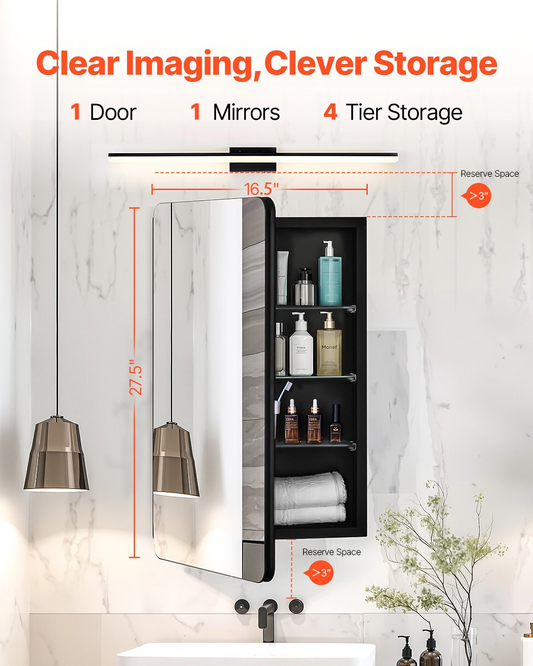 VEVOR Medicine Cabinet 16.5" x 27.5" Mirror Medicine Cabinet Adjustable Shelves
