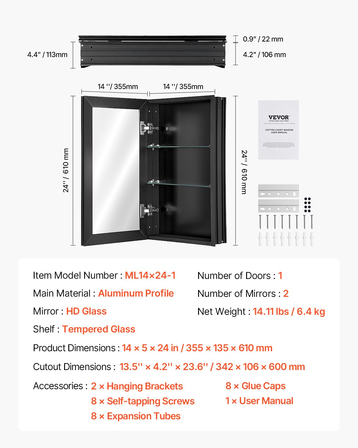 VEVOR Medicine Cabinet 14" x 24" Mirror Medicine Cabinet Adjustable Shelves