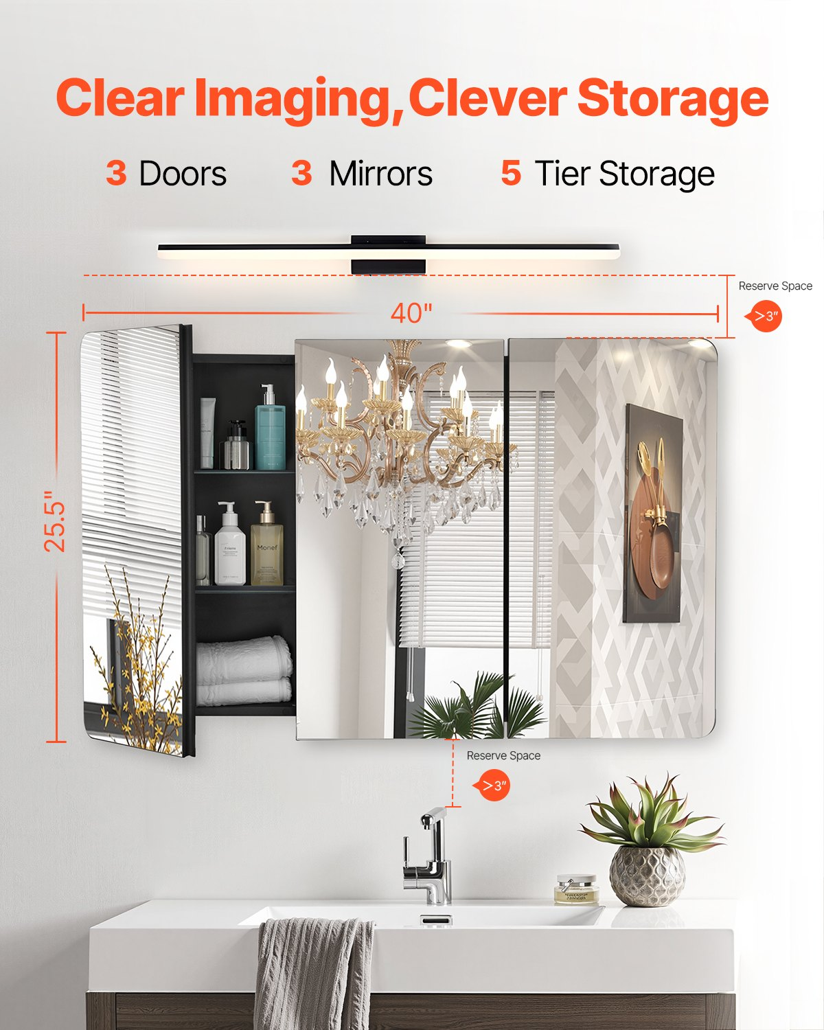 VEVOR Medicine Cabinet 25.5" x 40" Mirror Medicine Cabinet Adjustable Shelves