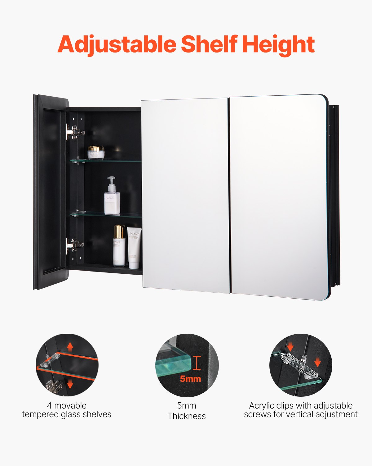 VEVOR Medicine Cabinet 25.5" x 40" Mirror Medicine Cabinet Adjustable Shelves