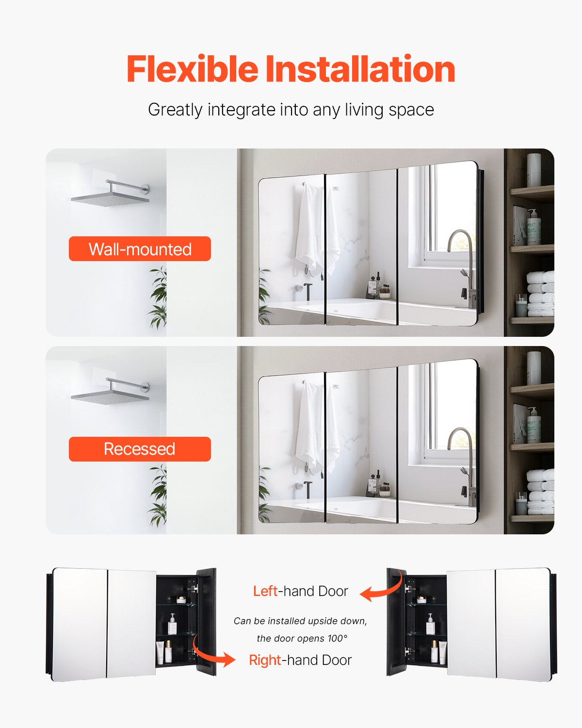 VEVOR Medicine Cabinet 25.5" x 40" Mirror Medicine Cabinet Adjustable Shelves