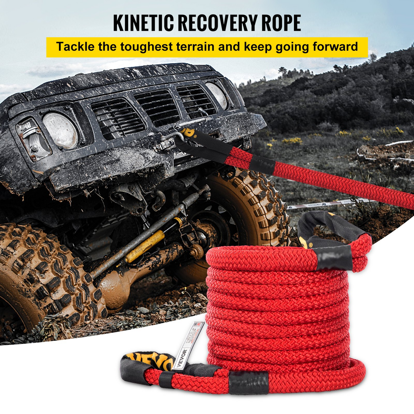 VEVOR 1" x 31.5' Recovery Tow Rope, 15195 kg, Heavy Duty Nylon Double Braided Kinetic Energy Rope with Loops and Protective Sleeves, for Truck Off-Road Vehicle ATV UTV, Carry Bag Included, Red