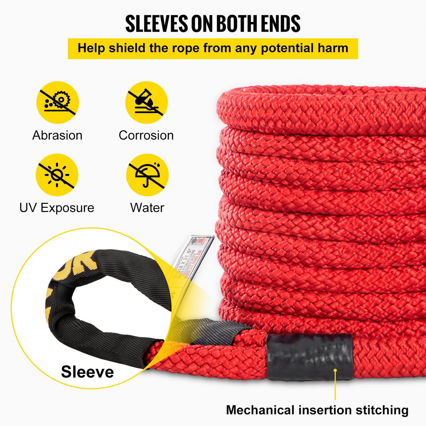 VEVOR 1" x 31.5' Recovery Tow Rope, 15195 kg, Heavy Duty Nylon Double Braided Kinetic Energy Rope with Loops and Protective Sleeves, for Truck Off-Road Vehicle ATV UTV, Carry Bag Included, Red