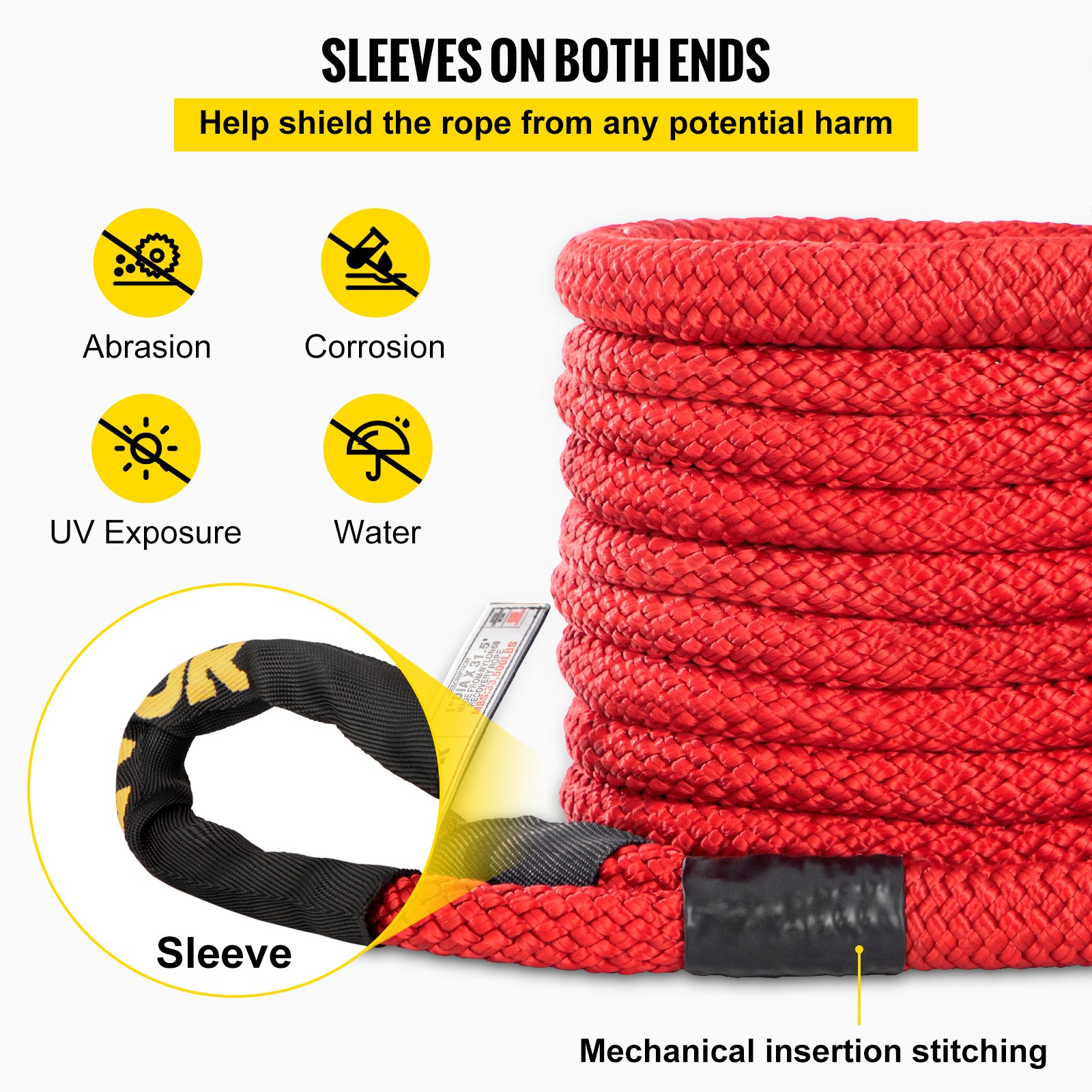 VEVOR 1" x 31.5' Recovery Tow Rope, 15195 kg, Heavy Duty Nylon Double Braided Kinetic Energy Rope with Loops and Protective Sleeves, for Truck Off-Road Vehicle ATV UTV, Carry Bag Included, Red