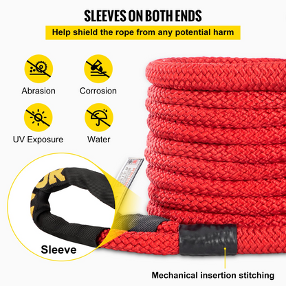 VEVOR 1" x 31.5' Recovery Tow Rope, 15195 kg, Heavy Duty Nylon Double Braided Kinetic Energy Rope with Loops and Protective Sleeves, for Truck Off-Road Vehicle ATV UTV, Carry Bag Included, Red