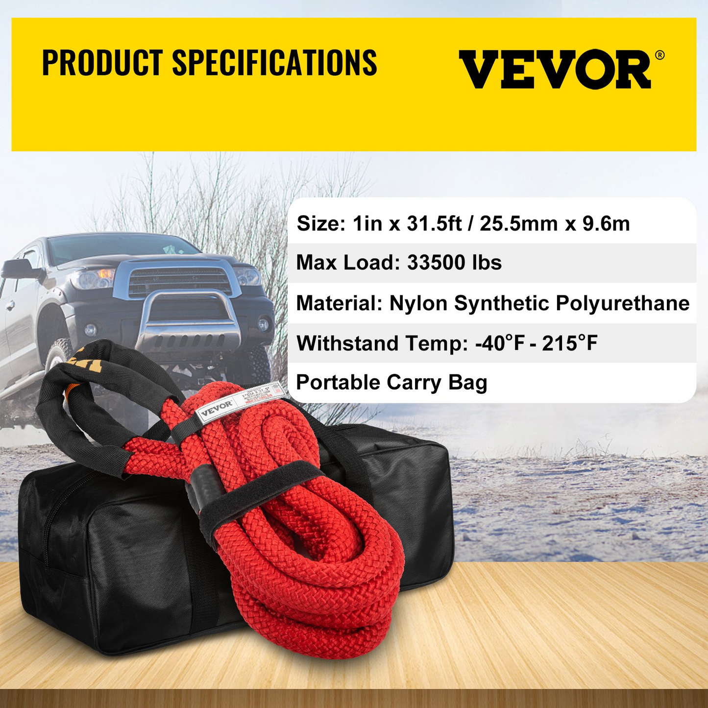 VEVOR 1" x 31.5' Recovery Tow Rope, 15195 kg, Heavy Duty Nylon Double Braided Kinetic Energy Rope with Loops and Protective Sleeves, for Truck Off-Road Vehicle ATV UTV, Carry Bag Included, Red