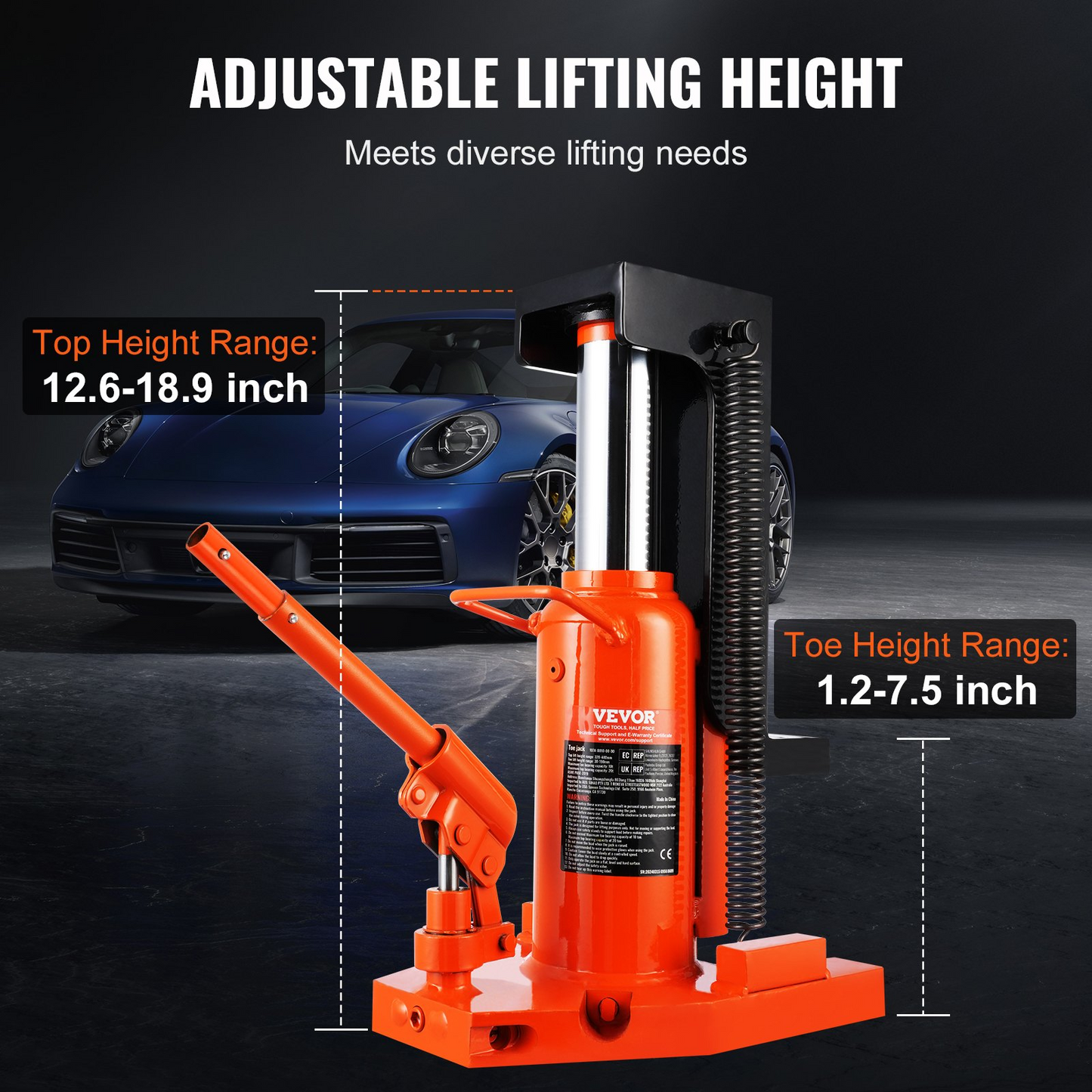 VEVOR Hydraulic Toe Jack, 10 Ton On Toe Toe Jack Lift, 20 Ton On Top Lift Capacity Machine Jack, 1.2-7.5 in Toe Height, 12.6-18.9 in Top Height, Air Hydraulic Claw Jack for Machinery, Industry