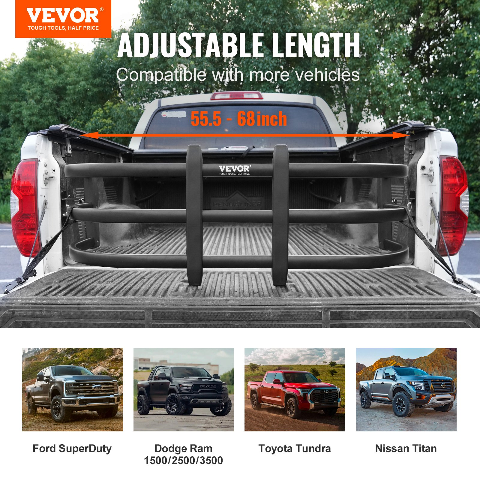VEVOR Truck Bed Extender, Aluminum Retractable Tailgate Extender, 141-173 cm, Fits for Ford Super Duty, F150, Dodge Ram 1500/2500/3500, Toyota Tundra, Nissan Titan, Chevrolet Silverado, GMC Sierra