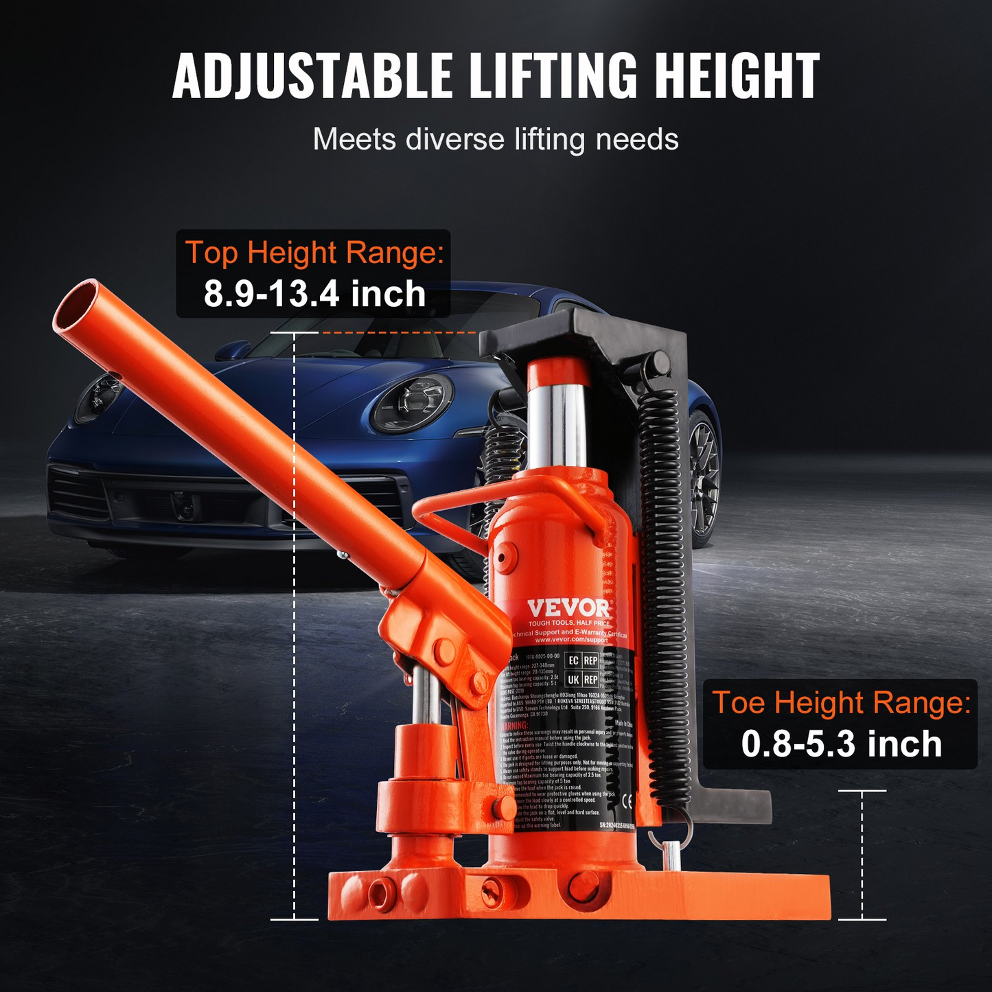 VEVOR Hydraulic Toe Jack, 2.5 Ton/2268 kg On Toe Toe Jack Lift, 5 Ton/4536 kg On Top Lift Capacity Machine Jack, 0.8-5.3 in/2-13.5 cm Toe Height, 8.9-13.4 in/22.6-34 cm Top Height, Air Hydraulic Claw Jack for Machinery, Industry
