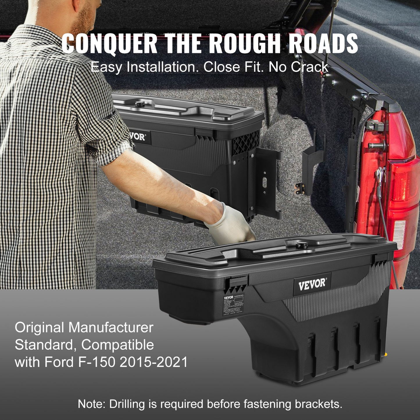 VEVOR Truck Bed Storage Box, Lockable Swing Case with Password Padlock, 6.6 Gal/25 L ABS Wheel Well Tool Box, Waterproof and Durable, Compatible with Ford F-150 2015-2021, Passenger Side