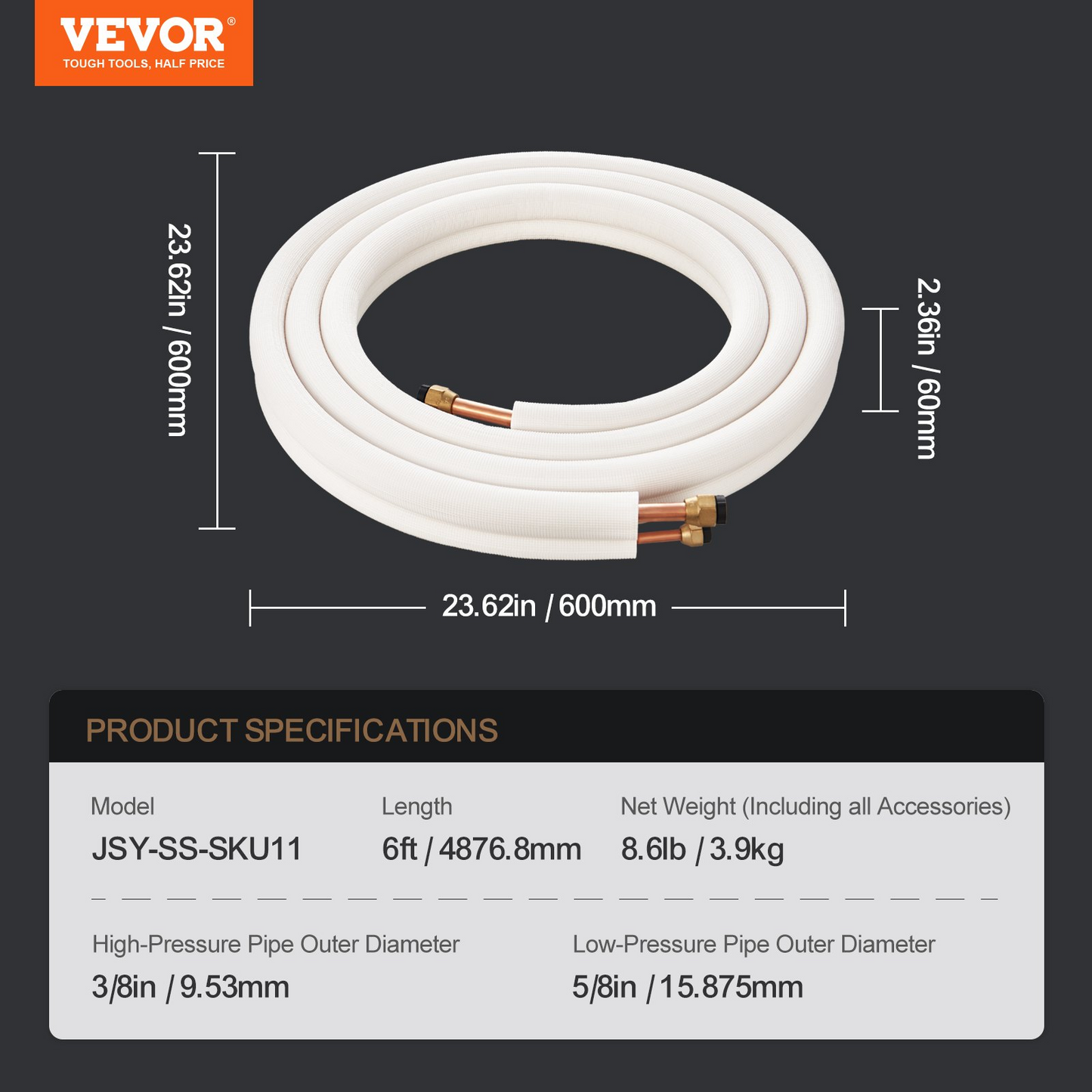 VEVOR 4876.8mm Mini Split Line Set, 9.5 & 15.9mm O.D Copper Pipes Tubing and Triple-Layer Insulation, for Air Conditioning or Heating Pump Equipment & HVAC with Rich Accessories (18ft Connection Cable