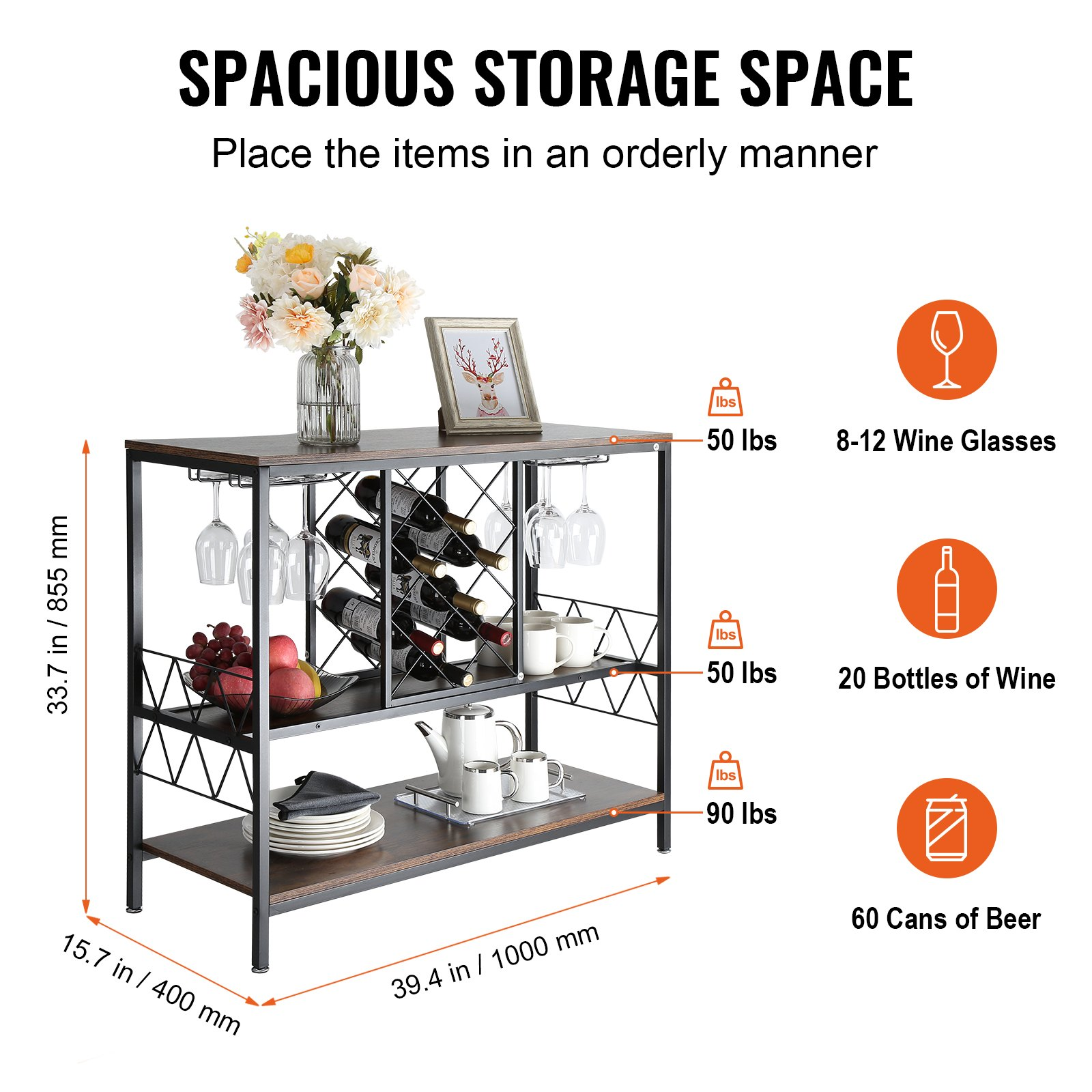 VEVOR 40 Inch Industrial Bar Cabinet, Wine Table for Liquor and Glasses, Sideboard Buffet Cabinet with Glass Holder & Wine Rack, Freestanding Farmhouse Wood Coffee Bar Cabinet for Living Room Home Bar