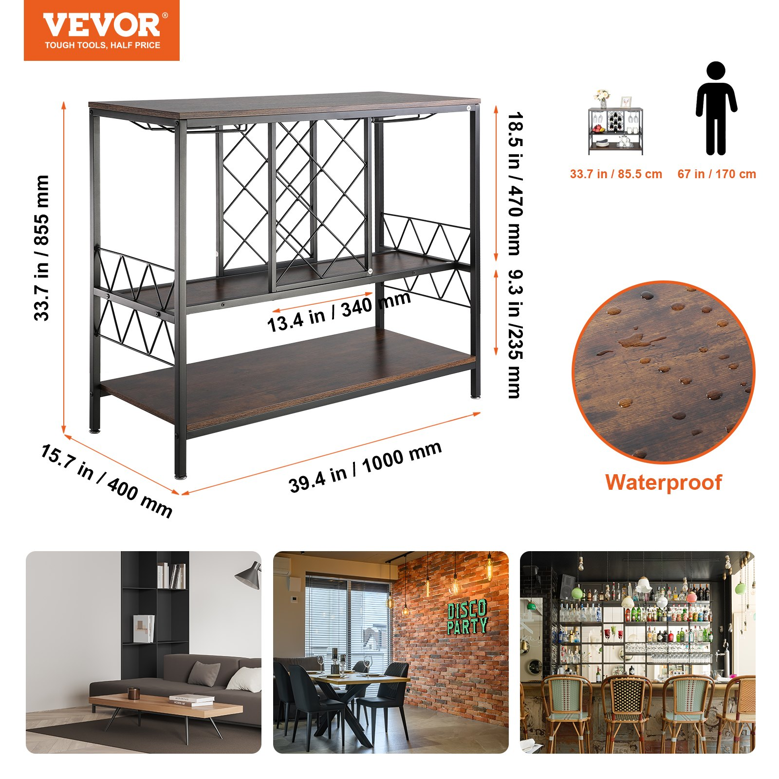 VEVOR 40 Inch Industrial Bar Cabinet, Wine Table for Liquor and Glasses, Sideboard Buffet Cabinet with Glass Holder & Wine Rack, Freestanding Farmhouse Wood Coffee Bar Cabinet for Living Room Home Bar
