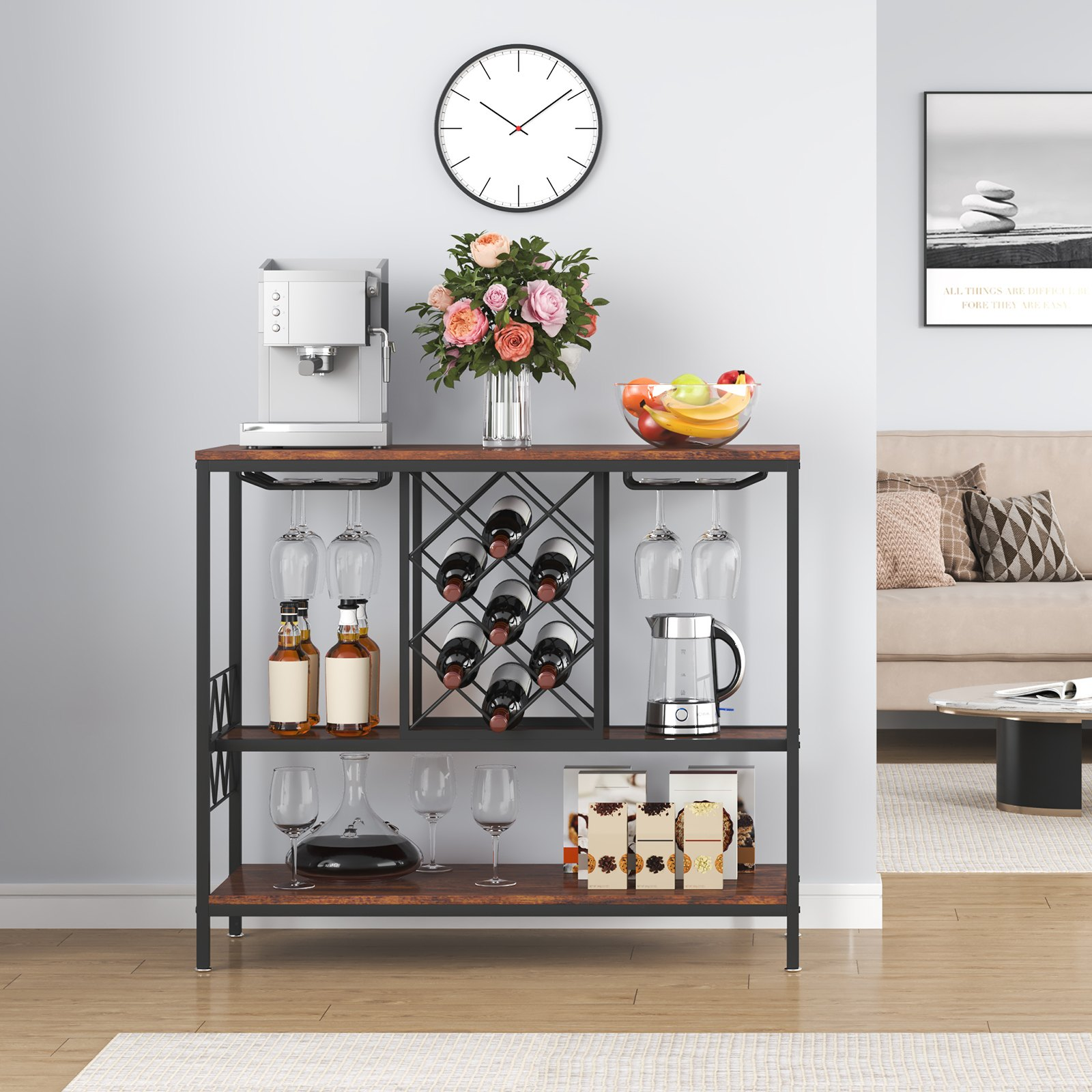 VEVOR 40 Inch Industrial Bar Cabinet, Wine Table for Liquor and Glasses, Sideboard Buffet Cabinet with Glass Holder & Wine Rack, Freestanding Farmhouse Wood Coffee Bar Cabinet for Living Room Home Bar