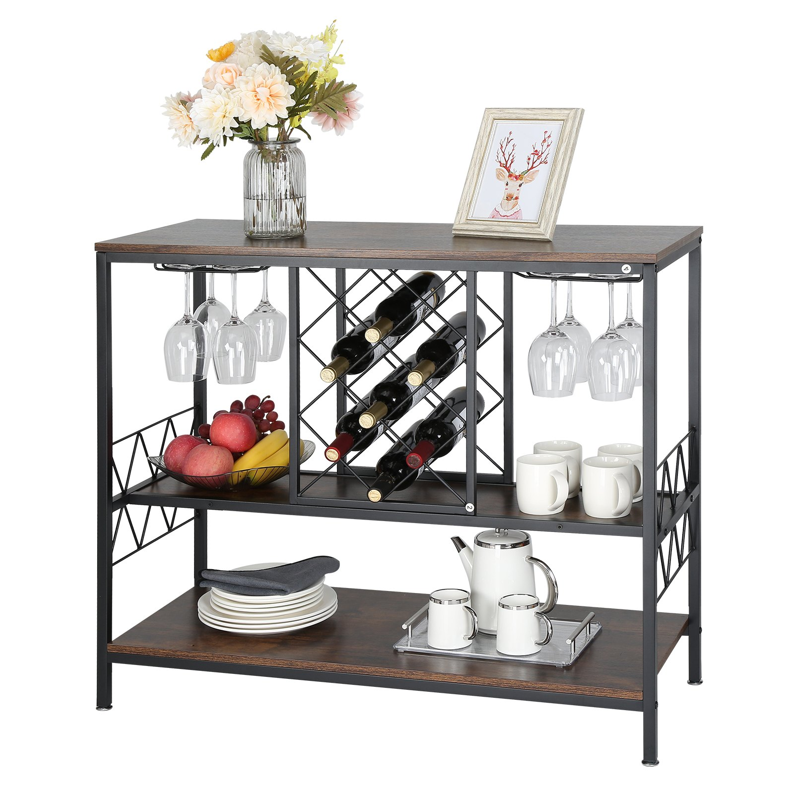 VEVOR 40 Inch Industrial Bar Cabinet, Wine Table for Liquor and Glasses, Sideboard Buffet Cabinet with Glass Holder & Wine Rack, Freestanding Farmhouse Wood Coffee Bar Cabinet for Living Room Home Bar