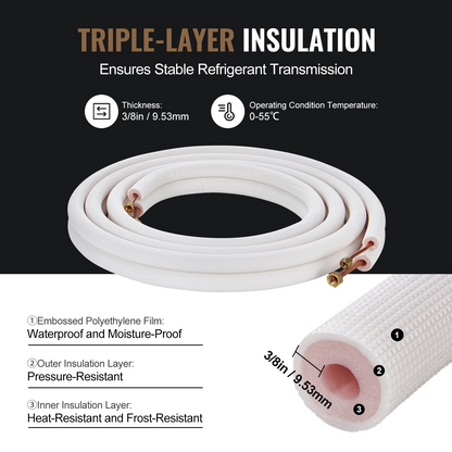 VEVOR 4876.8mm Mini Split Line Set, 6.4 & 9.5mm O.D Copper Pipes Tubing and Triple-Layer Insulation, for Air Conditioning or Heating Pump Equipment & HVAC with Rich Accessories (18ft Connection Cable)