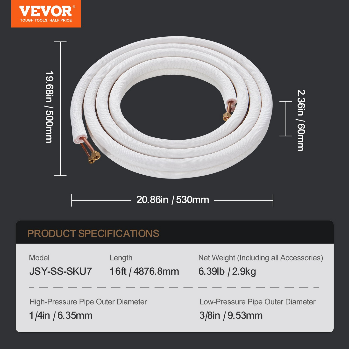 VEVOR 4876.8mm Mini Split Line Set, 6.4 & 9.5mm O.D Copper Pipes Tubing and Triple-Layer Insulation, for Air Conditioning or Heating Pump Equipment & HVAC with Rich Accessories (18ft Connection Cable)