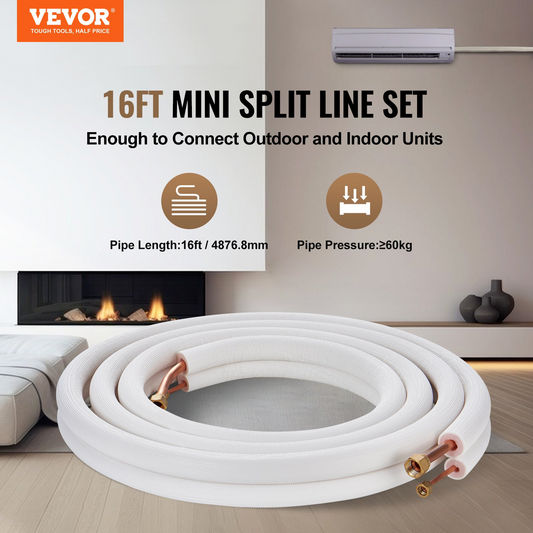 VEVOR 4876.8mm Mini Split Line Set, 6.4 & 12.7mm O.D Copper Pipes Tubing and Triple-Layer Insulation, for Air Conditioning or Heating Pump Equipment & HVAC with Rich Accessories (18ft Connection Cable
