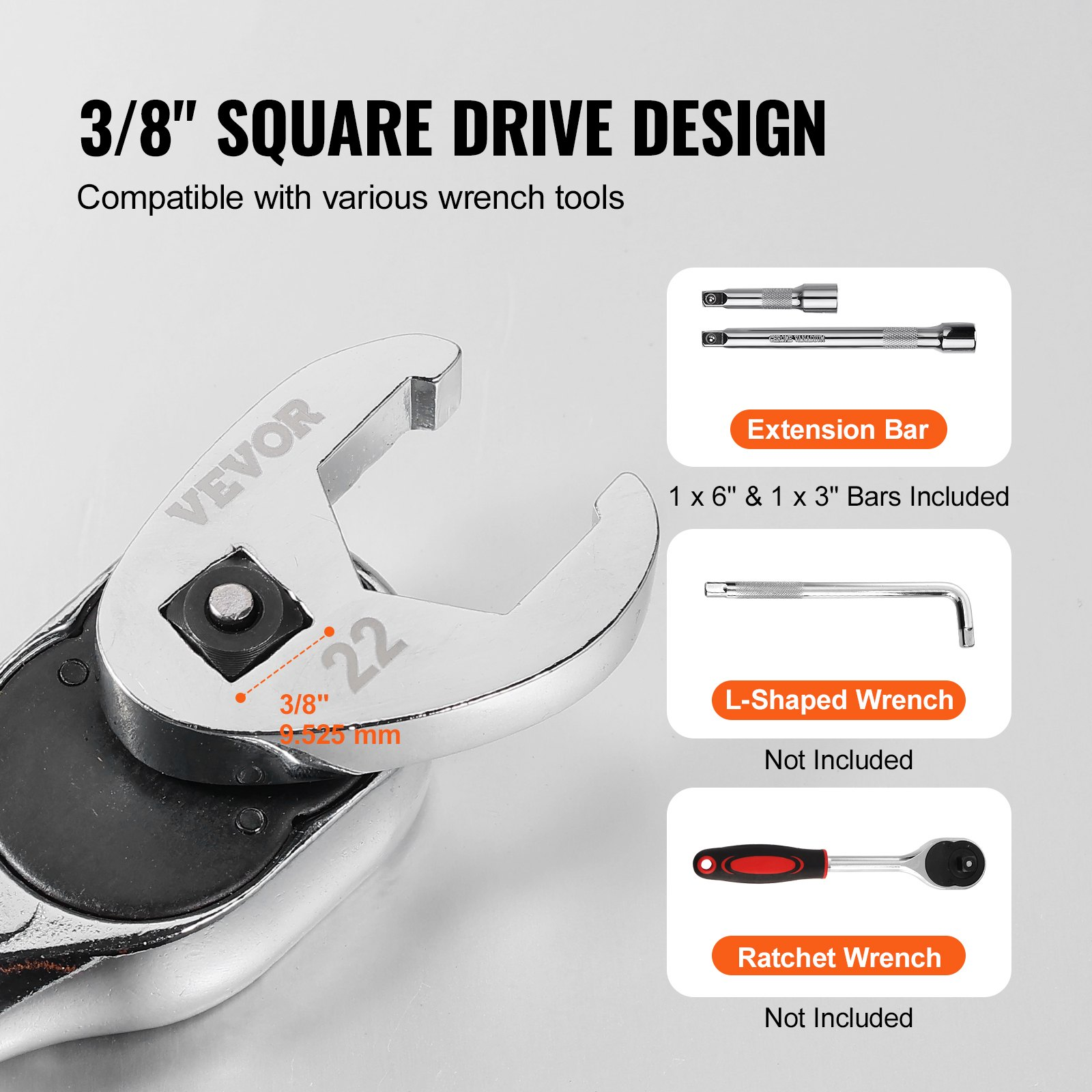 VEVOR 3/8" Drive Crowfoot Wrench Set with 2 Extension Bars, 24-Piece Crows Foot Wrench Set, SAE  3/8"-1" and Metric 10-22 mm, CR-MO Steel Crowfoot Wrench Set, with EVA Tool Organizer