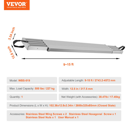 VEVOR Aluminum Work Plank Telescoping 9-15 ft/2.7-4.6 m 500 lb/226.8 kg Capacity Scaffold Plank