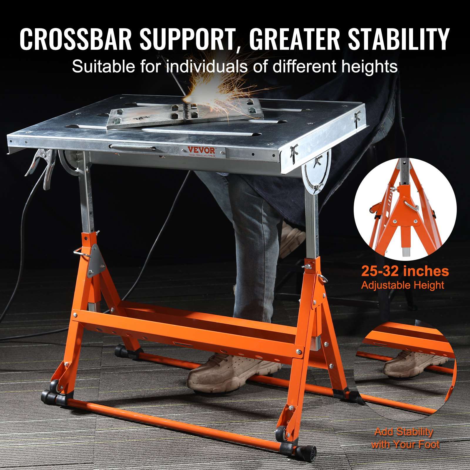 VEVOR Welding Table 76.2 cm x 50.8 cm, 181.4 kg Load Capacity Steel Welding Workbench Table on Wheels, Folding Work Bench with Three 2.8 cm Slot, 3 Tilt Angles, Adjustable Height, Retractable Guide Rails