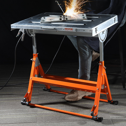 VEVOR Welding Table 76.2 cm x 50.8 cm, 181.4 kg Load Capacity Steel Welding Workbench Table on Wheels, Folding Work Bench with Three 2.8 cm Slot, 3 Tilt Angles, Adjustable Height, Retractable Guide Rails