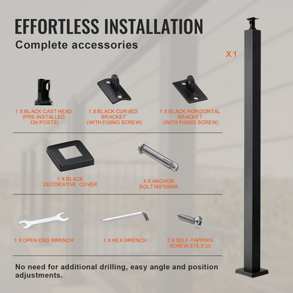 VEVOR Cable Rail Post,  42 x 1.97 x 1.97", Level Deck Stair Post, Cable Handrail Post Stainless Steel Brushed Finishing Deck Railing DIY Picket Without Hole Stair Railing Kit With Mount Bracket Black